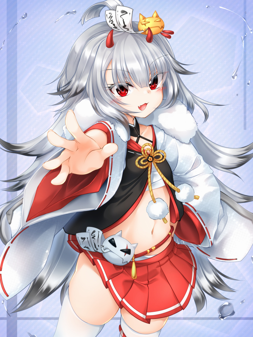 1girl :3 ahoge azur_lane blush colored_eyelashes commentary_request fang fur_trim hair_ornament hibiki_(azur_lane) highres horns long_hair long_sleeves looking_at_viewer m9kndi oni_horns open_mouth outstretched_arms pom_pom_(clothes) red_eyes sarashi silver_hair skin_fang skindentation skirt solo thighhighs white_legwear