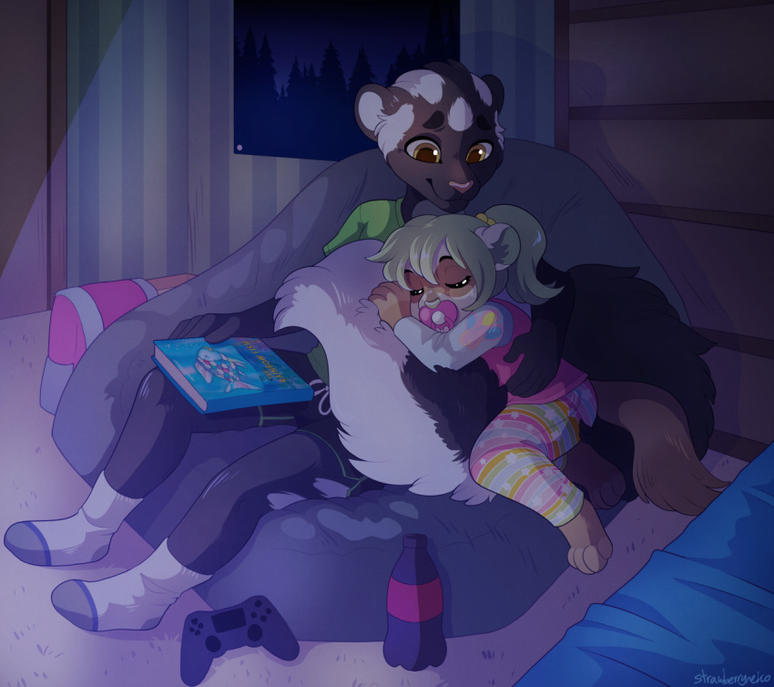 5_fingers accessory anthro baby_fur barefoot bean_bag bed bedroom big_tail black_body black_fur book bottomwear brown_eyes clothed clothing controller cub cuddling detailed_background dim_lighting domestic_ferret dook_(lildooks) door eyes_closed female fingers fluffy fluffy_tail fully_clothed fur furniture game_controller glowing green_hair gym_shorts hair hair_accessory hair_tie legwear lemmy_(lemmy_niscuit) male mammal markings mephitid multicolored_body multicolored_fur mustela mustelid musteline my_little_pony night pacifier pajamas pants plantigrade ponytail poster shadow shirt sitting skunk sky sleeping smile socks spotted_skunk strawberryneko tan_body tan_fur toddler topwear tree two_tone_body two_tone_fur video_games white_body white_fur young