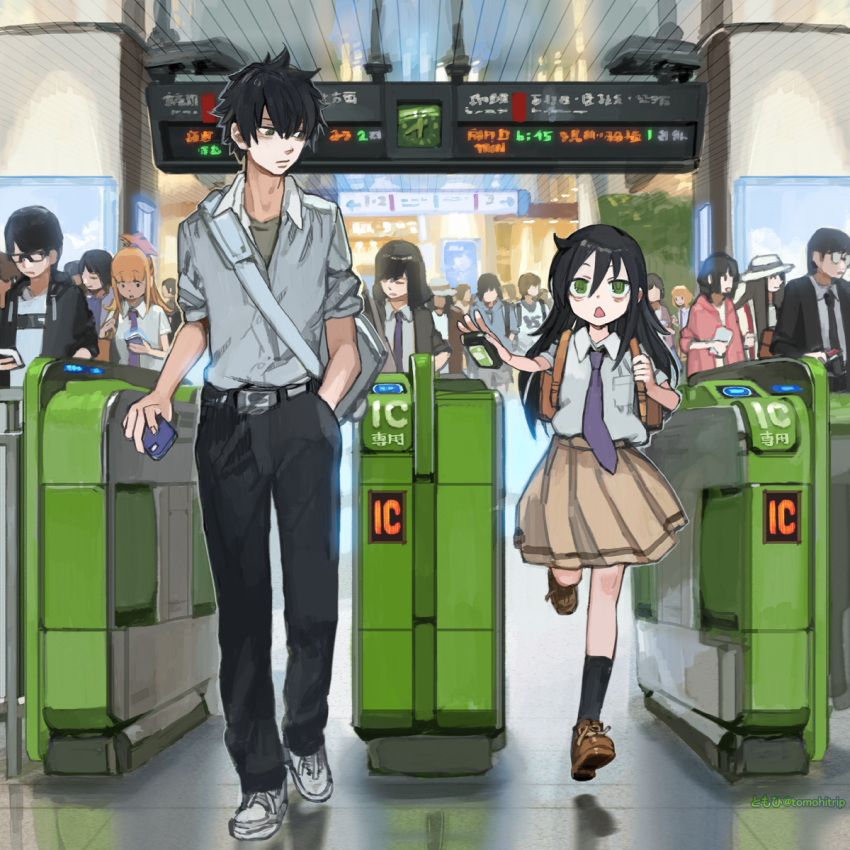 black_hair brother_and_sister brown_skirt commentary crowd flat_chest green_eyes height_difference highres kuroki_tomoki kuroki_tomoko long_hair multiple_boys multiple_girls necktie pleated_skirt purple_neckwear running school_uniform short_hair siblings skirt tomohi train_station uchi_emiri watashi_ga_motenai_no_wa_dou_kangaetemo_omaera_ga_warui! when_you_see_it