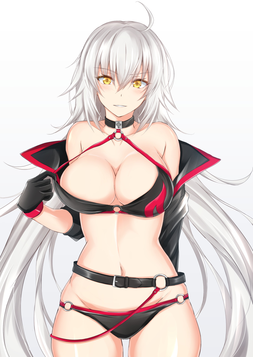 1girl ahoge bangs bare_shoulders belt bikini bikini_pull black_belt black_bikini black_choker black_gloves black_jacket blush breasts choker cleavage commentary_request cowboy_shot eyebrows_visible_through_hair fate/grand_order fate_(series) gloves gradient gradient_background grey_background grin groin hair_between_eyes halterneck hand_up highres jacket jeanne_d'arc_(alter_swimsuit_berserker) jeanne_d'arc_(fate)_(all) large_breasts long_hair long_sleeves looking_at_viewer navel o-ring o-ring_bikini off_shoulder open_clothes open_jacket parted_lips piro_(iiiiiiiiii) silver_hair smile solo standing stomach swimsuit very_long_hair white_background yellow_eyes