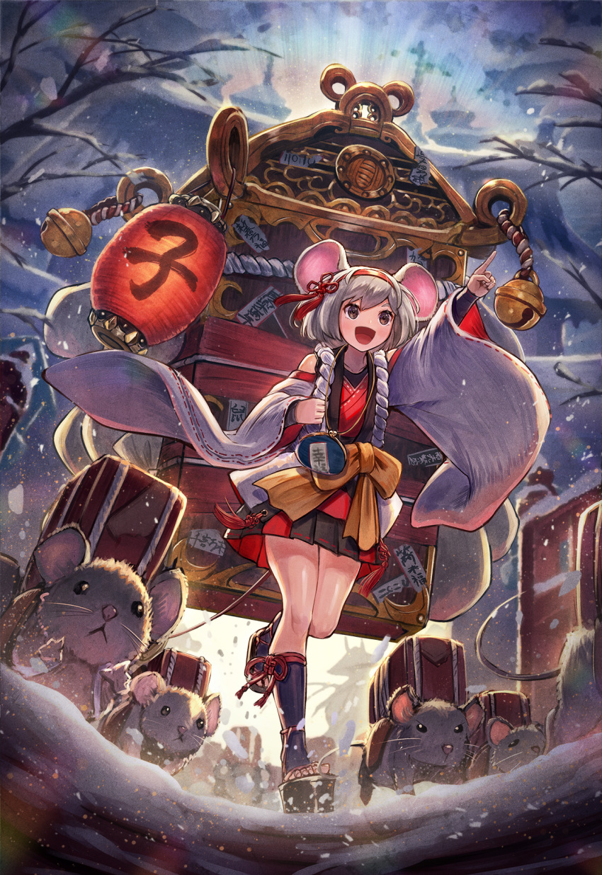 1girl 2020 animal animal_ears bag bare_shoulders bell black_skirt blush bow brown_eyes buruma carrying chinese_zodiac cloud cloudy_sky fantasy grey_hair hairband handbag highres japanese_clothes kuroi_susumu lantern long_sleeves medium_hair mouse multicolored multicolored_clothes nengajou new_year open_mouth orange_bow original outdoors pointing red_skirt running skirt sky smile snow talisman tree year_of_the_rat