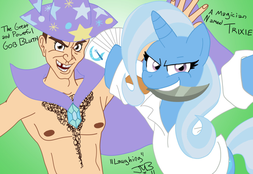 arrested_development card clothed clothing crossover diamond_(disambiguation) english_text equid friendship_is_magic gamebuddy123 gem gob_bluth hat headgear headwear horn human knife magician mammal missing_tooth my_little_pony purple_eyes shirt simple_background text topless topwear trixie_(mlp) unicorn
