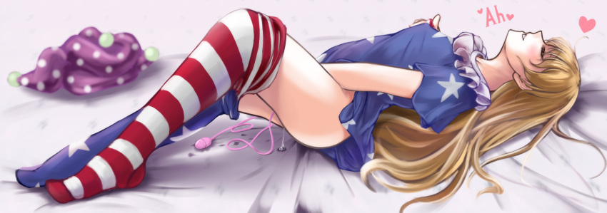 1girl american_flag_dress american_flag_legwear bangs bed_sheet blonde_hair blue_dress blue_legwear blush breasts closed_eyes clownpiece commentary_request dress egg_vibrator eyebrows_visible_through_hair from_side full_body grin hat hat_removed headwear_removed heart highres implied_fingering jester_cap knees_up long_hair lying masturbation no_shoes on_back pantyhose pantyhose_pull parted_lips polka_dot polka_dot_hat profile purple_headwear pussy_juice red_legwear riria_(liry_a_flower) short_sleeves small_breasts smile solo star star_print striped striped_legwear thighs touhou very_long_hair vibrator