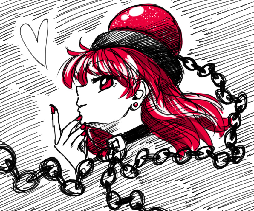 1girl bangs black_choker chain choker commentary_request earrings eyebrows_visible_through_hair from_side hand_up heart hecatia_lapislazuli highres jewelry long_hair looking_at_viewer nail_polish polos_crown profile red_eyes red_hair red_nails smile solo sonosaki_kazebayashi stud_earrings touhou white_background