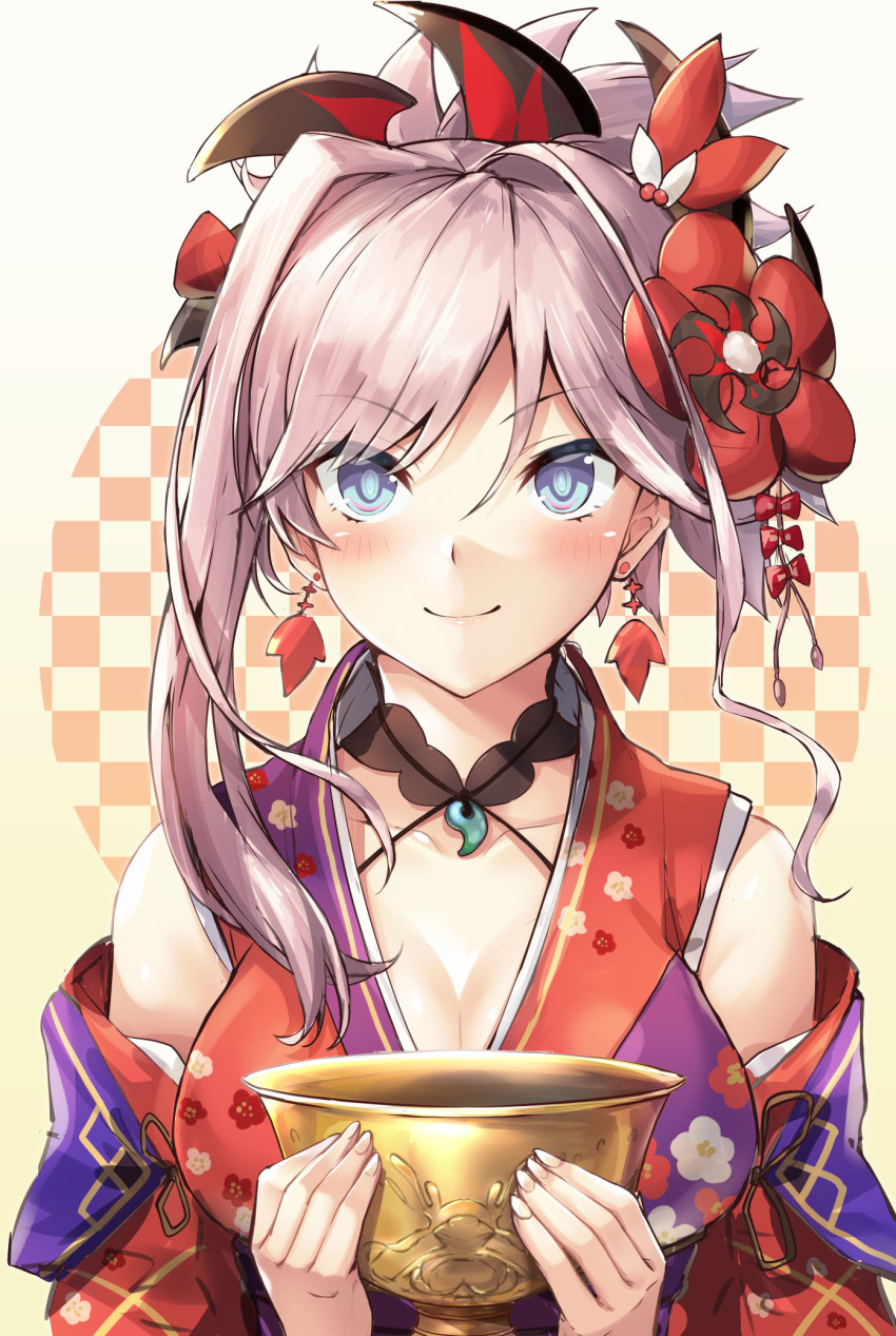 1girl bare_shoulders beige_background blue_eyes blush breasts checkered checkered_background cleavage closed_mouth collarbone commentary_request earrings fate/grand_order fate_(series) fingernails floral_print flower gradient gradient_background hair_flower hair_ornament hands_up highres holding japanese_clothes jewelry kimono large_breasts long_hair magatama miyamoto_musashi_(fate/grand_order) pink_hair ponytail print_kimono purple_kimono red_flower red_kimono samoore sidelocks smile solo upper_body white_background
