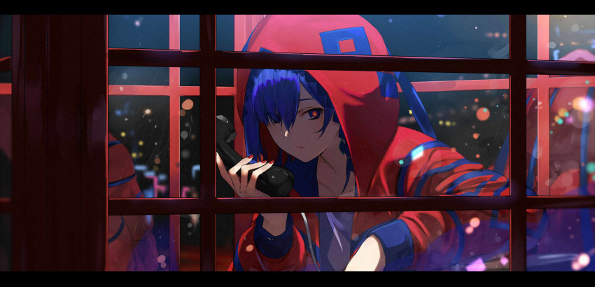 1girl blue_eyes blush city city_lights collarbone corded_phone highres holding holding_phone hood hood_up hooded_jacket indoors isshiki_(ffmania7) jacket kamitsubaki_studio long_sleeves looking_at_viewer multicolored multicolored_eyes multicolored_hair night outdoors phone phone_booth red_eyes red_hair red_jacket reflection rime short_hair solo two-tone_hair yellow_eyes