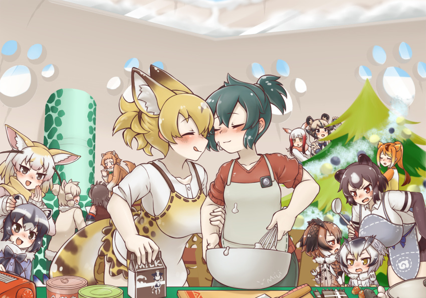 6+girls african_wild_dog_(kemono_friends) alpaca_ears alpaca_suri_(kemono_friends) alternate_costume american_beaver_(kemono_friends) animal_ear_fluff animal_ears apron artist_name baking bear_ears beaver_ears black-tailed_prairie_dog_(kemono_friends) black_hair blonde_hair blush bodystocking bow bowtie brown_bear_(kemono_friends) brown_coat brown_eyes chinese_commentary christmas_tree coat commentary_request common_raccoon_(kemono_friends) couple dog_ears drooling eurasian_eagle_owl_(kemono_friends) extra_eyes eyebrows_visible_through_hair facing_another fang fennec_(kemono_friends) food food_on_face fork fox_ears fur_collar golden_snub-nosed_monkey_(kemono_friends) grey_coat grey_eyes grey_hair hair_between_eyes hair_bun head_wings height_difference high_ponytail highres holding holding_fork holding_knife indoors japanese_crested_ibis_(kemono_friends) kaban_(kemono_friends) kemono_friends knife leaning_forward licking_lips light_brown_hair long_hair long_sleeves looking_at_another lucky_beast_(kemono_friends) medium_hair microskirt miji_doujing_daile monkey_ears multicolored_hair multiple_girls northern_white-faced_owl_(kemono_friends) open_mouth orange_hair owl_ears prairie_dog_ears raccoon_ears red_hair scarf serval_(kemono_friends) serval_ears serval_tail shirt short_hair short_over_long_sleeves short_ponytail short_sleeve_sweater short_sleeves sidelocks skirt smile snow sweater tail tongue tongue_out two-tone_hair v-shaped_eyebrows white_hair window winter_clothes yellow_eyes yuri