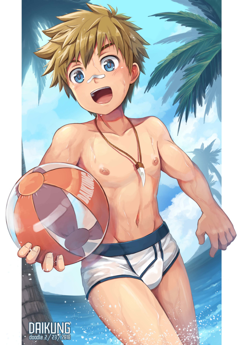 1boy absurdres ball beachball beater blue_eyes borrowed_character briefs brown_hair bulge dated edging_briefs eyebrows highres jewelry male_focus male_swimwear necklace open_mouth original outdoors palm_tree smile solo swim_briefs swimwear tree underwear wet wet_clothes