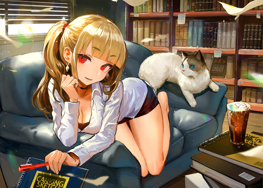 1girl :d bangs blinds blonde_hair blunt_bangs bookshelf breasts cat choker cleavage couch cup danann drinking_glass earrings eyebrows_visible_through_hair highres jewelry kneeling looking_at_viewer open_mouth original ponytail red_eyes skirt smile solo