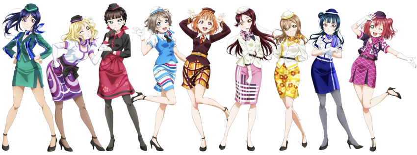 6+girls cropped flight_attendant full_body hat high_heels highres kunikida_hanamaru kurosawa_dia kurosawa_ruby love_live! love_live!_sunshine!! matsuura_kanan multiple_girls narita_airport narita_anime_deck necktie official_art ohara_mari pantyhose sakurauchi_riko scarf skirt stewardess takami_chika tsushima_yoshiko watanabe_you