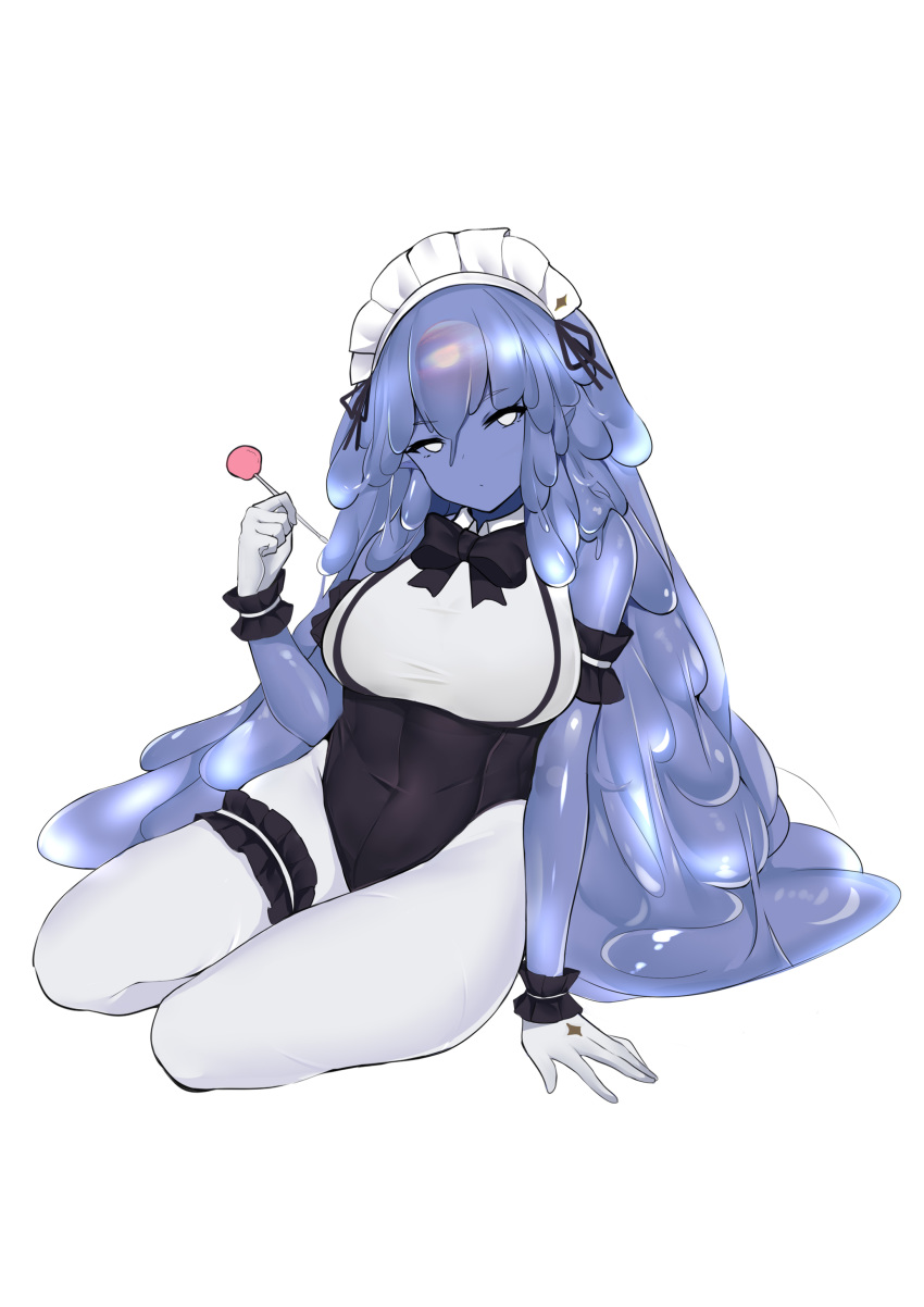 1girl absurdres bangs blue_hair bow bowtie breasts gloves goo_girl highres leotard long_hair looking_at_viewer maid maid_headdress monster_girl original pantyhose simple_background sitting slm solo very_long_hair white_background white_gloves white_legwear yokozuwari