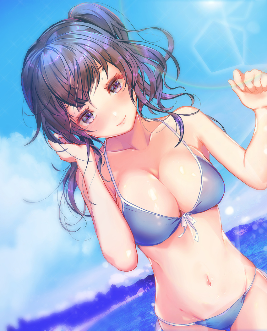 1girl absurdres bangs bare_arms bare_shoulders bikini blue_bikini blue_hair blue_sky blush breasts cloud collarbone commentary_request cowboy_shot day dutch_angle front-tie_bikini front-tie_top groin hand_in_hair hands_up head_tilt highres kometaki large_breasts lens_flare long_hair looking_at_viewer navel original outdoors purple_eyes side_ponytail sky smile solo stomach swimsuit