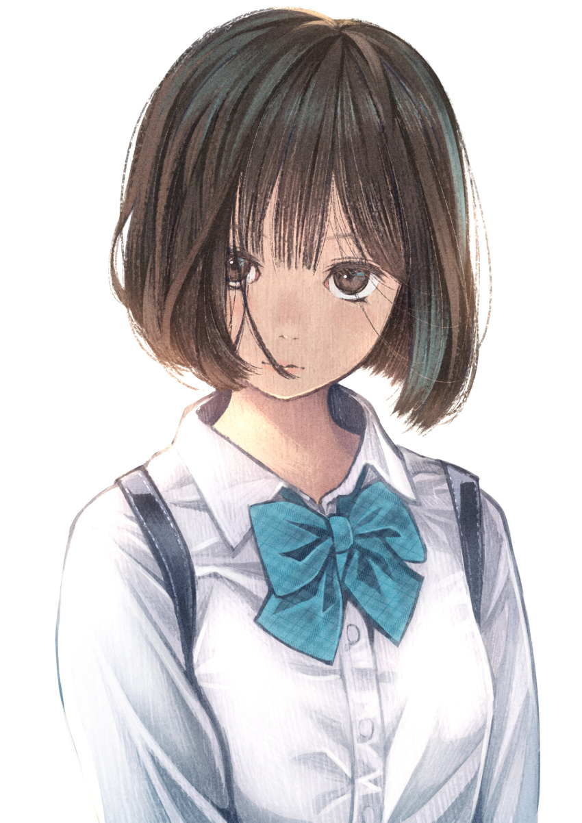 1girl aqua_bow backpack bag bangs black_backpack bob_cut bow bowtie brown_eyes brown_hair closed_mouth collared_shirt commentary expressionless furai hair_over_face hair_strand highres looking_at_viewer messy_hair original portrait school_uniform shirt short_hair simple_background solo texture white_background white_shirt