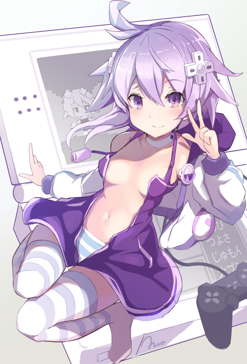 1girl absurdres ahoge blush breasts choker cleavage d-pad d-pad_hair_ornament dress hair_between_eyes hair_ornament highres kami_jigen_game_neptune_v looking_at_viewer navel neptune_(neptune_series) neptune_(series) open_clothes open_mouth panties papion purple_eyes purple_hair short_hair sidelocks small_breasts smile striped striped_legwear striped_panties thighhighs underwear v white_choker