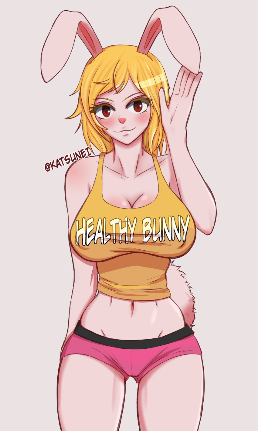 athletic athletic_female big_breasts blonde_hair blush breasts carrot_(one_piece) clothing female hair huge_breasts katsunei lagomorph leporid mammal navel one_piece rabbit simple_background