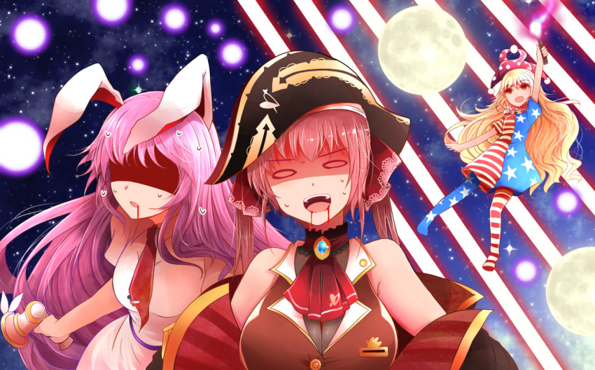 3girls :d american_flag_dress american_flag_legwear animal_ears arano_oki arm_up ascot bangs bare_shoulders bicorne black_headwear blonde_hair blood blood_from_mouth blue_dress blue_legwear breasts brooch bunny_ears clownpiece commentary_request danmaku dress eyebrows_visible_through_hair gun hat holding holding_gun holding_torch holding_weapon hololive houshou_marine jester_cap jewelry large_breasts long_hair looking_at_viewer lunatic_gun medium_breasts moon multiple_girls necktie no_shoes off_shoulder open_mouth pantyhose polka_dot polka_dot_hat purple_hair purple_headwear red_dress red_eyes red_legwear red_neckwear red_shirt reisen_udongein_inaba shaded_face shirt short_dress short_sleeves sleeveless sleeveless_shirt smile space star star_print striped striped_dress striped_legwear sweat torch touhou twintails upper_body very_long_hair weapon white_shirt wide_oval_eyes