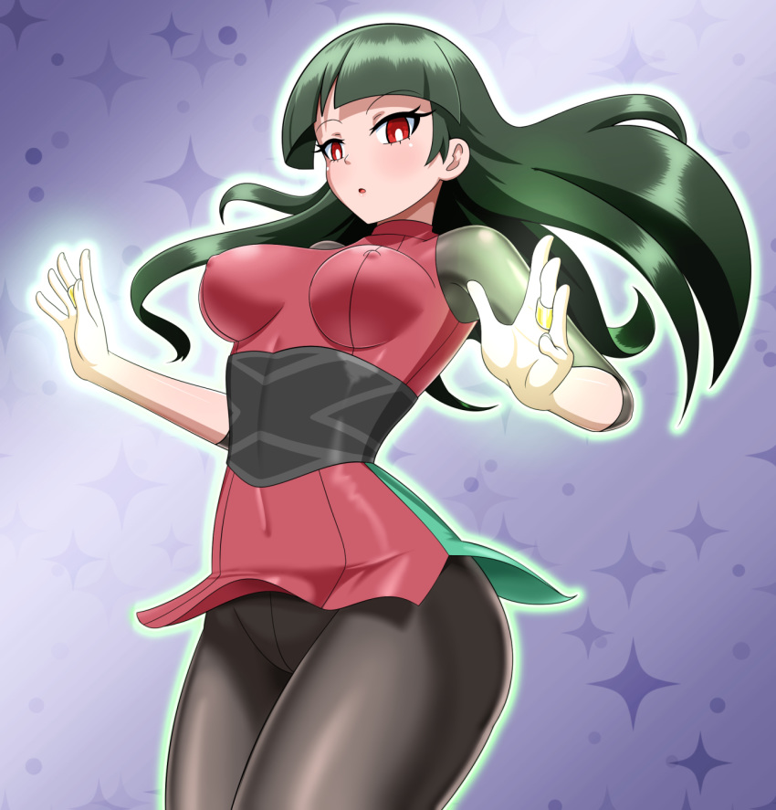 1girl bangs blunt_bangs blush breasts covered_nipples cowboy_shot green_hair highres impossible_clothes jewelry large_breasts long_hair natsume_(pokemon) pantyhose pokemon pokemon_(game) pokemon_lgpe red_eyes ring solo yensh