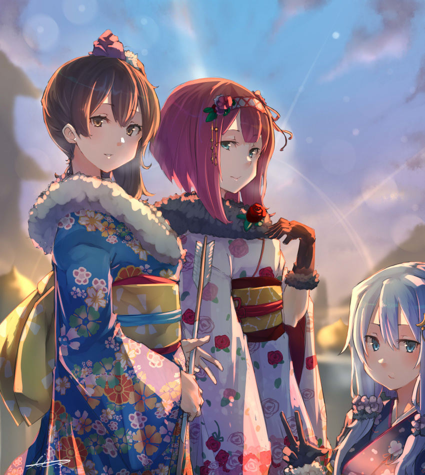 3girls akicosmossakasa alternate_costume ark_royal_(kantai_collection) arrow bangs black_gloves blush bob_cut brown_hair closed_mouth cloud crescent crescent_hair_ornament eyebrows_visible_through_hair floral_print flower fur_trim gloves hair_between_eyes hair_flower hair_ornament hairband highres holding japanese_clothes kaga_(kantai_collection) kantai_collection kimono long_hair long_sleeves multiple_girls new_year obi outdoors parted_lips ponytail purple_hair red_flower red_hair red_rose rose sash short_hair side_ponytail sidelocks signature sky smile v wide_sleeves yayoi_(kantai_collection)