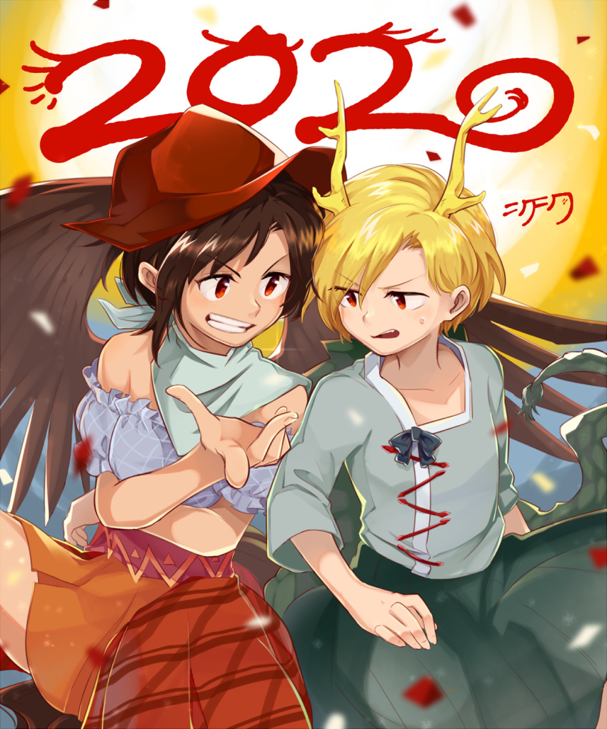 2020 2girls bandana bangs bare_shoulders black_hair black_wings blonde_hair blue_shirt brown_headwear brown_skirt commentary_request cowboy_hat dragon_horns eyebrows_visible_through_hair feathered_wings grey_skirt grin hair_between_eyes hand_up hat highres horns kicchou_yachie kurokoma_saki long_sleeves looking_at_another miniskirt multiple_girls off-shoulder_shirt off_shoulder open_mouth puffy_short_sleeves puffy_sleeves red_eyes shikushiku_(amamori_weekly) shirt short_hair short_sleeves sidelocks skirt smile sweat touhou v-shaped_eyebrows wings