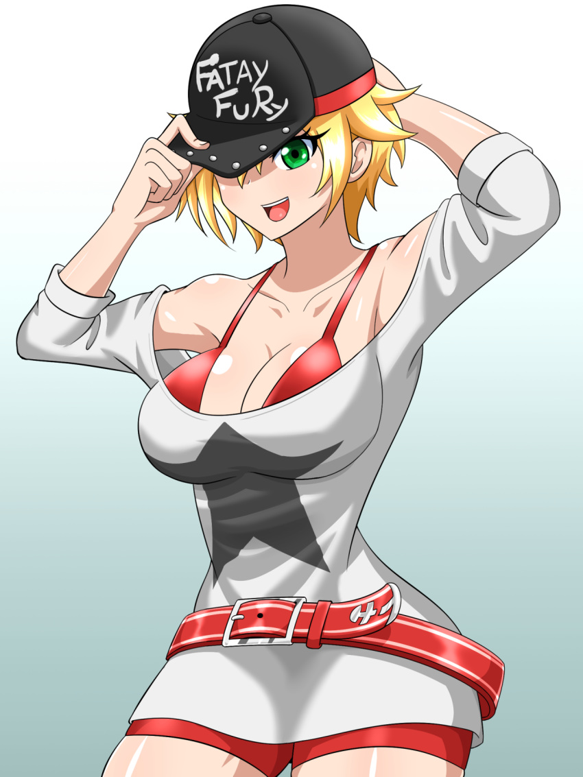 1girl adjusting_headwear alice_garnet_nakata belt blonde_hair blush breasts cleavage collarbone cowboy_shot fatal_fury green_eyes hand_behind_head highres open_mouth short_hair simple_background smile solo the_king_of_fighters yensh