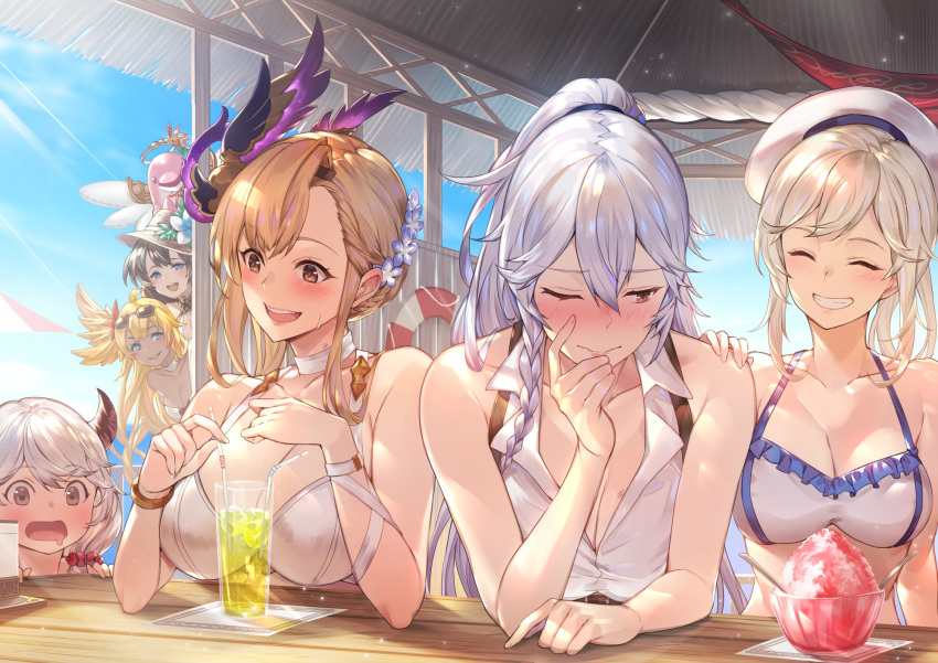 6+girls ahoge azrael_(granblue_fantasy) bangle bangs bare_shoulders bikini black_hair blonde_hair blue_eyes blush bracelet braid breasts brown_eyes brown_hair camieux cleavage closed_eyes collarbone cucouroux_(granblue_fantasy) curly_hair dark_skin day draph drinking_straw drooling eyebrows_visible_through_hair eyewear_on_head feathered_wings flower granblue_fantasy grin hair_between_eyes hair_flower hair_ornament hairband halo hand_on_another's_shoulder harut_(granblue_fantasy) head_wings hickey highres horns implied_yuri indoors israfel_(granblue_fantasy) jewelry kakage large_breasts lipstick_mark long_hair looking_at_viewer marut_(granblue_fantasy) medium_breasts multiple_girls one_eye_closed open_mouth peeking_out purple_bikini purple_eyes rose silva_(granblue_fantasy) silver_hair smile song_(granblue_fantasy) sunglasses swimsuit twin_braids very_long_hair when_you_see_it wide-eyed wings yellow_eyes
