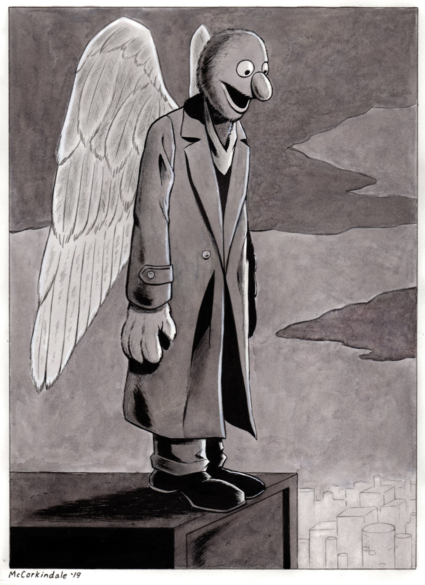 2019 4_fingers angel big_nose border bruce_mccorkindale clothing coat crossover fingers grover monochrome muppet muppets parody signature topwear trenchcoat white_border wings wings_of_desire