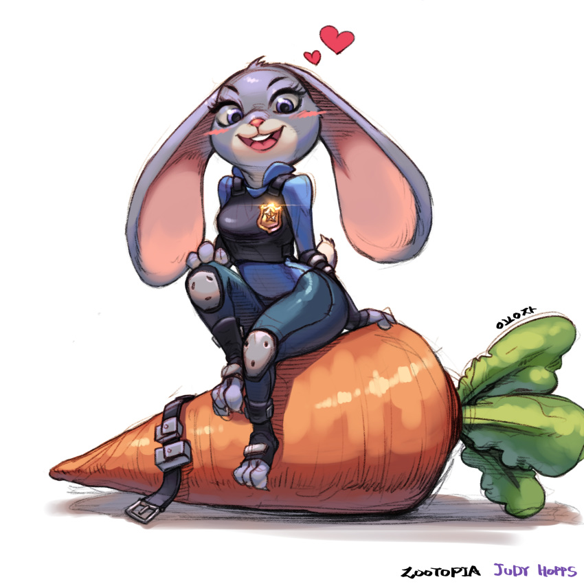 &lt;3 2018 anthro bara_(artist) belt blush buckteeth carrot clothed clothing disney female food fully_clothed fur grey_body grey_fur head_tuft judy_hopps lagomorph leporid looking_at_viewer mammal open_mouth open_smile pink_nose plant police_uniform purple_eyes rabbit simple_background sitting smile solo teeth tuft uniform vegetable white_background zootopia