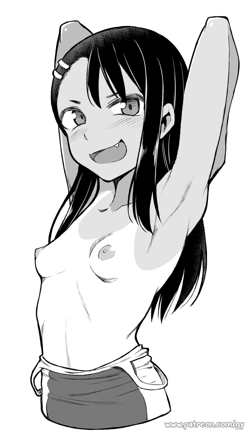 1girl :d absurdres armpits arms_up blush breasts cropped_torso fang ghettoyouth greyscale hair_ornament hairclip highres ijiranaide_nagatoro-san long_hair looking_at_viewer monochrome nagatoro nipples one-piece_swimsuit open_mouth simple_background small_breasts smile solo swimsuit swimsuit_pull tan tanline watermark web_address white_background