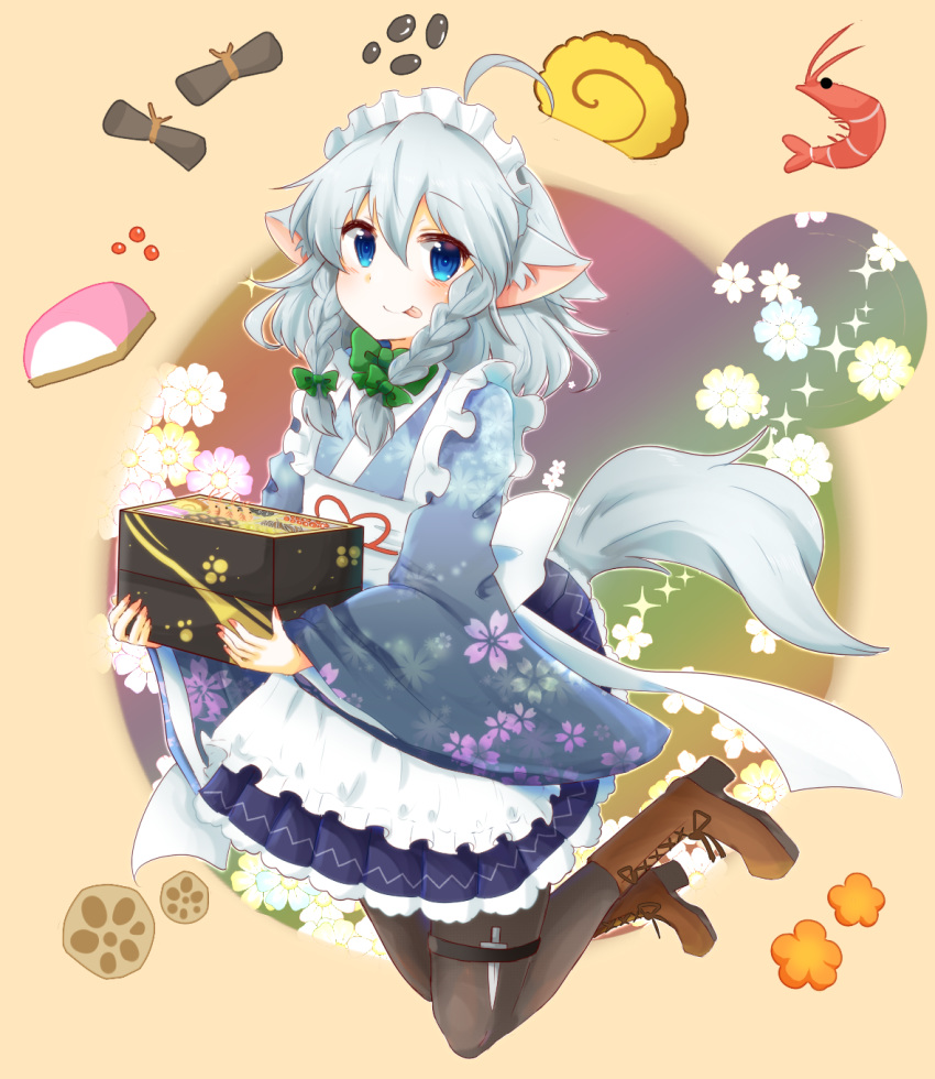 1girl :p ahoge alternate_costume animal_ears apron bangs beige_background black_legwear blue_eyes blue_kimono blue_skirt blush boots bow bowtie box braid brown_footwear commentary_request cross-laced_footwear dog_ears dog_tail eyebrows_visible_through_hair floral_print frilled_apron frills green_bow green_neckwear hair_between_eyes hair_bow highres holding holding_box inu_sakuya izayoi_sakuya japanese_clothes kemonomimi_mode kimono knife lace-up_boots long_sleeves looking_at_viewer maid maid_apron maid_headdress miniskirt nail_polish pantyhose petticoat pink_nails pleated_skirt short_hair shrimp silver_hair simple_background skirt smile solo tail tanikake_yoku thigh_strap tongue tongue_out touhou twin_braids wide_sleeves