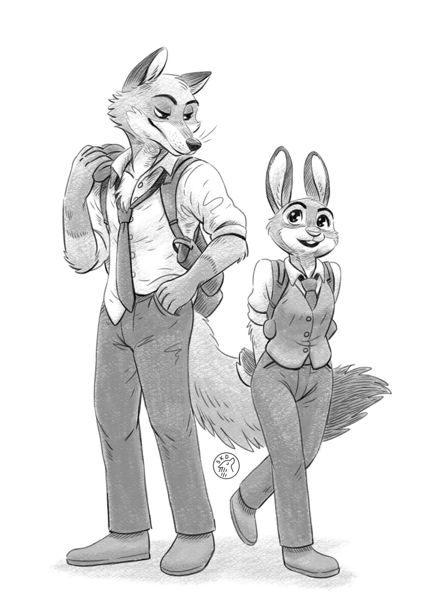 anthro beastars bottomwear buckteeth canid canine cheek_tuft clothed clothing crossover disney duo facial_tuft fluffy fluffy_tail footwear fox fully_clothed greyscale hand_in_pocket haru_(beastars) hi_res judy_hopps kit-ray-live lagomorph legoshi_(beastars) leporid looking_at_another mammal monochrome necktie nick_wilde open_mouth open_smile pants pockets rabbit shirt shoes simple_background smile teeth topwear tuft white_background zootopia