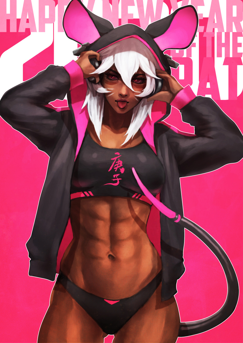 1girl 2020 :p abs absurdres alternate_tail animal_ears axis_(monori_rogue) black_bra black_panties bra breasts chinese_zodiac cleavage clothes_writing commentary dark_skin english_commentary fake_animal_ears headphones highres hood hood_up hoodie looking_at_viewer medium_breasts medium_hair monori_rogue mouse_ears mouse_hood mouse_tail navel open_clothes open_hoodie original outline panties pink_background pink_eyes solo sports_bra tail tongue tongue_out underwear whisker_markings white_hair wireless year_of_the_rat