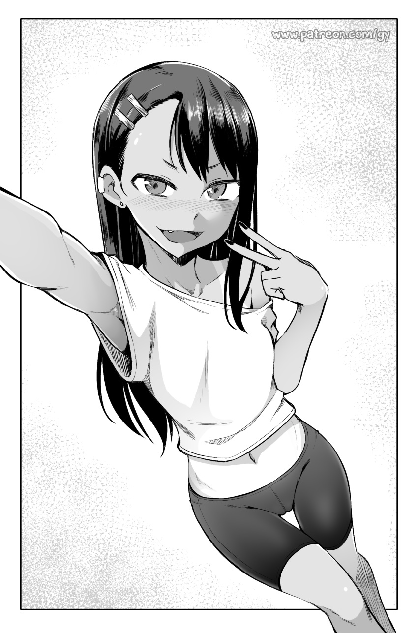 1girl :d bike_shorts border collarbone ear_clip earrings fang ghettoyouth greyscale hair_ornament hairclip highres ijiranaide_nagatoro-san jewelry long_hair looking_at_viewer midriff monochrome nagatoro off_shoulder open_mouth outside_border outstretched_arm self_shot shirt smile solo standing tan tanline thigh_gap v v-shaped_eyebrows watermark web_address