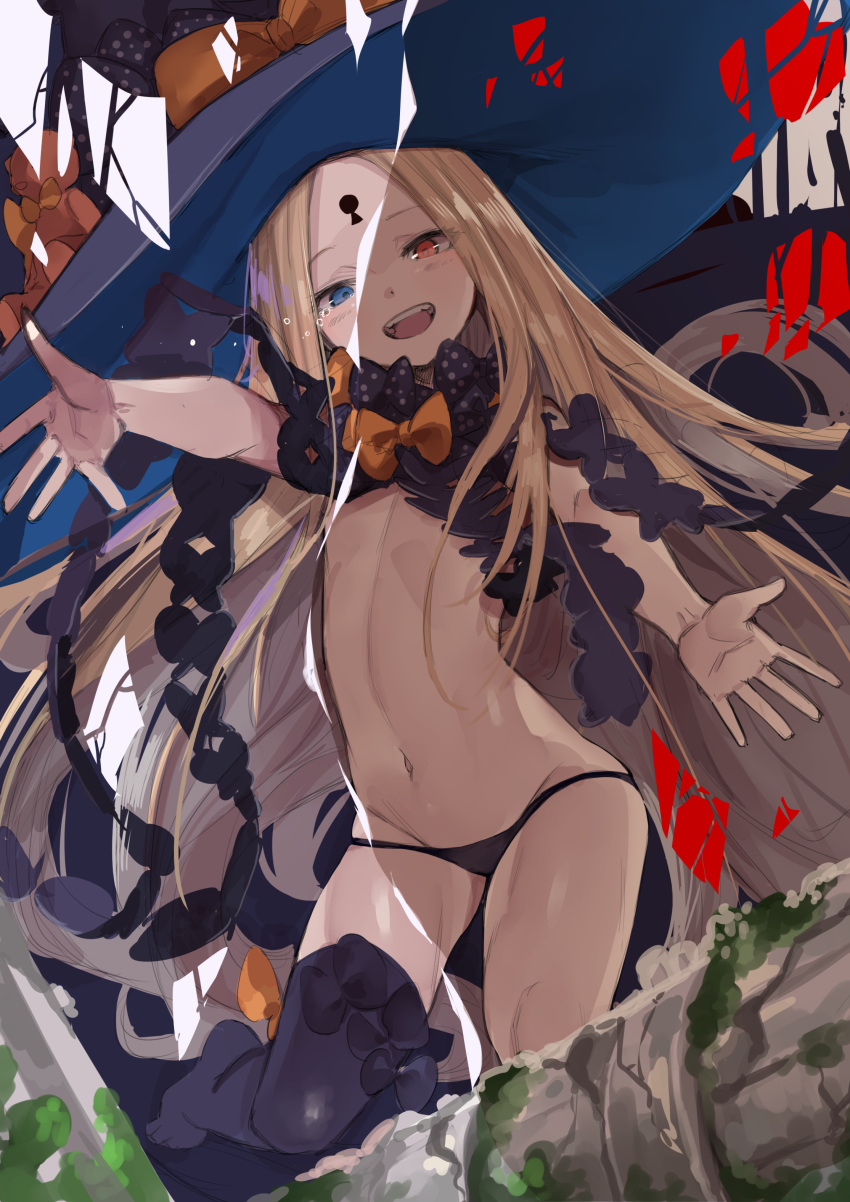 1girl abigail_williams_(fate/grand_order) absurdres bangs bare_shoulders black_bow black_headwear black_legwear blonde_hair blue_eyes blush bow breasts fate/grand_order fate_(series) forehead hat heterochromia highres keyhole long_hair looking_at_viewer multiple_bows navel open_mouth orange_bow outstretched_arms parted_bangs polka_dot polka_dot_bow rahanachi red_eyes single_thighhigh small_breasts smile solo stuffed_animal stuffed_toy tears teddy_bear thighhighs very_long_hair witch_hat