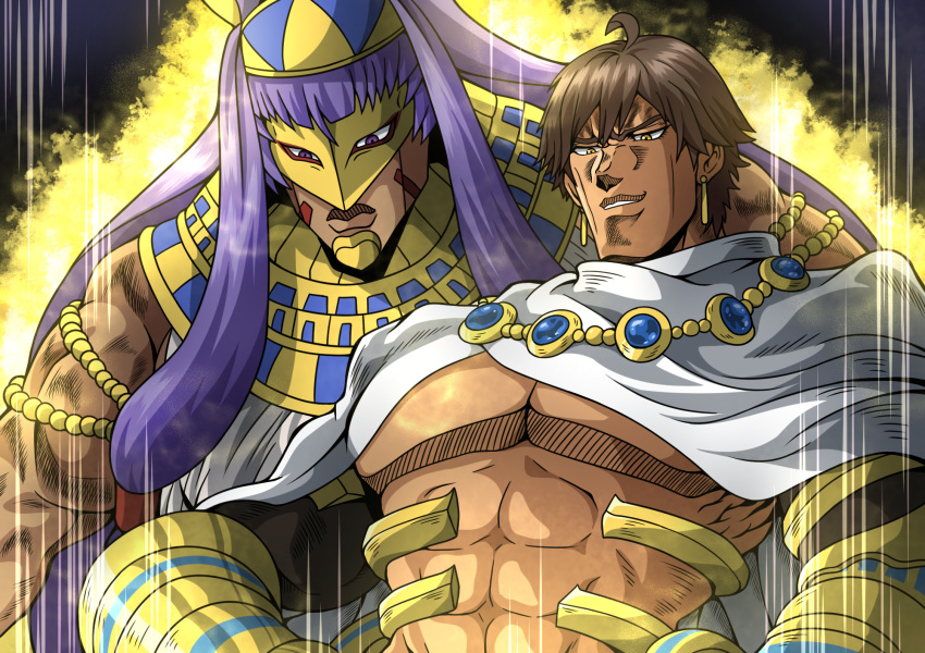 1boy 1girl ahoge animal_ears araki_hirohiko_(style) brown_hair cape dark_skin dio_brando dltkdrlf92 fate/grand_order fate_(series) highres jojo_no_kimyou_na_bouken long_hair manly mask muscle nitocris_(fate/grand_order) ozymandias_(fate) purple_eyes purple_hair speed_lines stand_(jojo) the_world very_long_hair white_cape