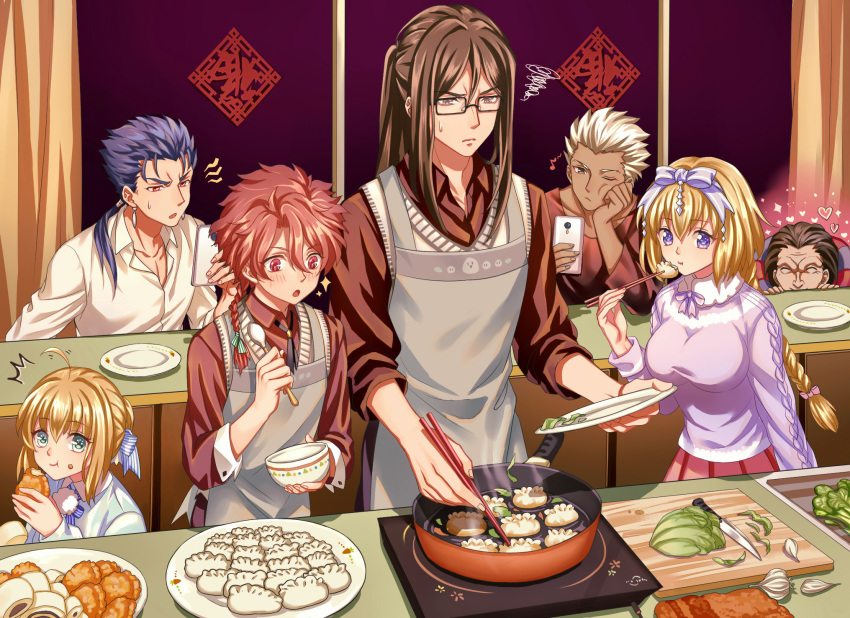 2girls 5boys alexander_(fate/grand_order) alternate_hairstyle apron archer artoria_pendragon_(all) blonde_hair blush bow braid brown_eyes brown_hair caster_(fate/zero) casual chopsticks cooking cu_chulainn_(fate)_(all) dumpling eating fate/grand_order fate/stay_night fate/zero fate_(series) food frown glasses hair_bow highres jeanne_d'arc_(fate)_(all) jiaozi lalatia-meai lancer long_hair lord_el-melloi_ii multiple_boys multiple_girls ponytail purple_eyes red_eyes red_hair saber sidelocks single_braid squiggle sweater_vest waver_velvet