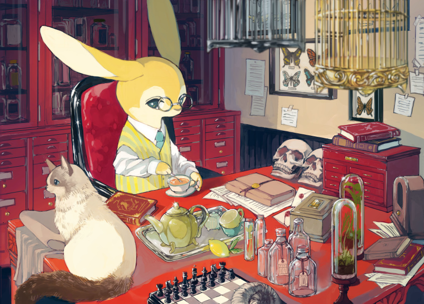 absurd_res ambiguous_gender anthro arthropod beverage bird_cage blue_eyes bone book bottle butterfly cervid chair chess clothed clothing cup desk detailed_background domestic_cat eyewear felid feline felis feral fur furniture glasses hi_res insect lemon lepidopteran long_ears mammal mayumochi necktie radio round_glasses sitting skull tea tea_cup teapot topwear vest yellow_body yellow_fur