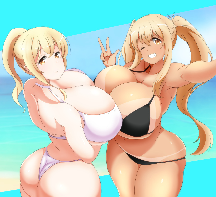 2girls absurdres ass bikini bikini_tan black_bikini blonde_hair breast_press breasts curvy grin highres huge_breasts long_hair lowleg lowleg_bikini multiple_girls ocean one_eye_closed ponytail rizza siblings sisters smile sunohara_ayaka sunohara_nana sunoharasou_no_kanrinin-san swimsuit symmetrical_docking tan tanline twintails v white_bikini wide_hips