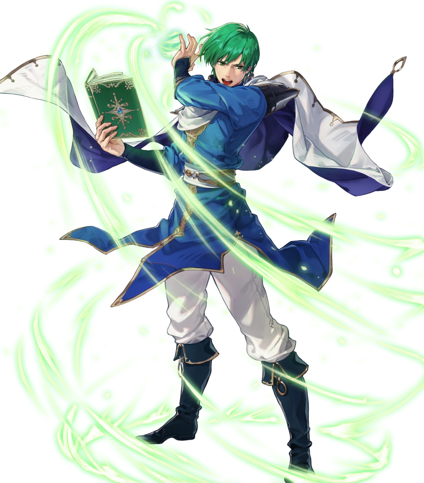 1boy belt book boots cape ced_(fire_emblem) fire_emblem fire_emblem:_genealogy_of_the_holy_war fire_emblem_heroes full_body green_eyes green_hair highres official_art open_mouth solo suda_ayaka teeth transparent_background wind