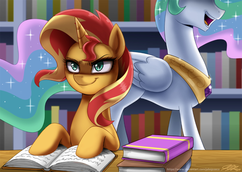 2020 book bookshelf duo equestria_girls equid feathered_wings feathers female feral friendship_is_magic furniture horn inside john_joseco mammal my_little_pony princess_celestia_(mlp) sunset_shimmer_(eg) unicorn winged_unicorn wings