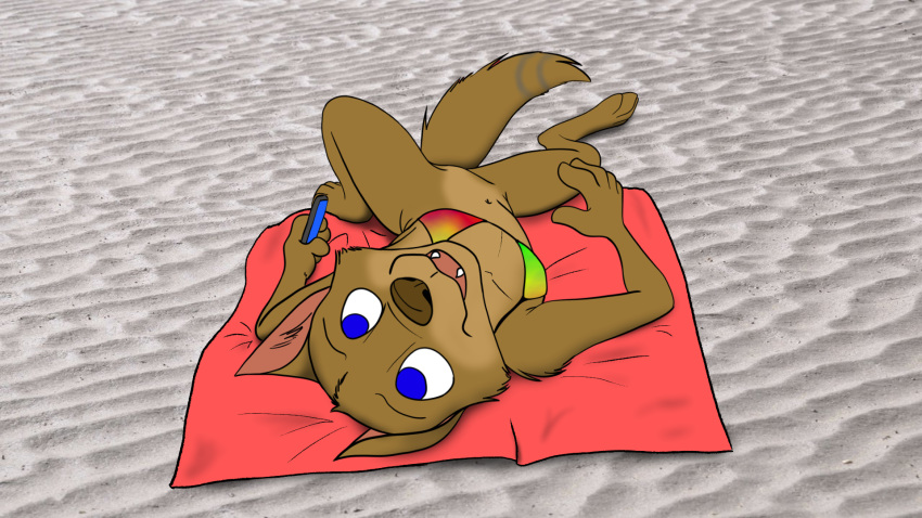 anthro beach beach_towel bikini bikini_top blue_eyes bottomless breasts brown_body brown_fur canid canine canis cheek_tuft clothed clothing cloud cub cute_fangs facial_tuft female flat_chested fur head_tuft inner_ear_fluff lying mammal misterpickleman multicolored_body multicolored_fur on_back sand seaside small_breasts smile solo swimwear tan_body tan_fur taylor_knight tuft two_tone_body two_tone_fur wolf young