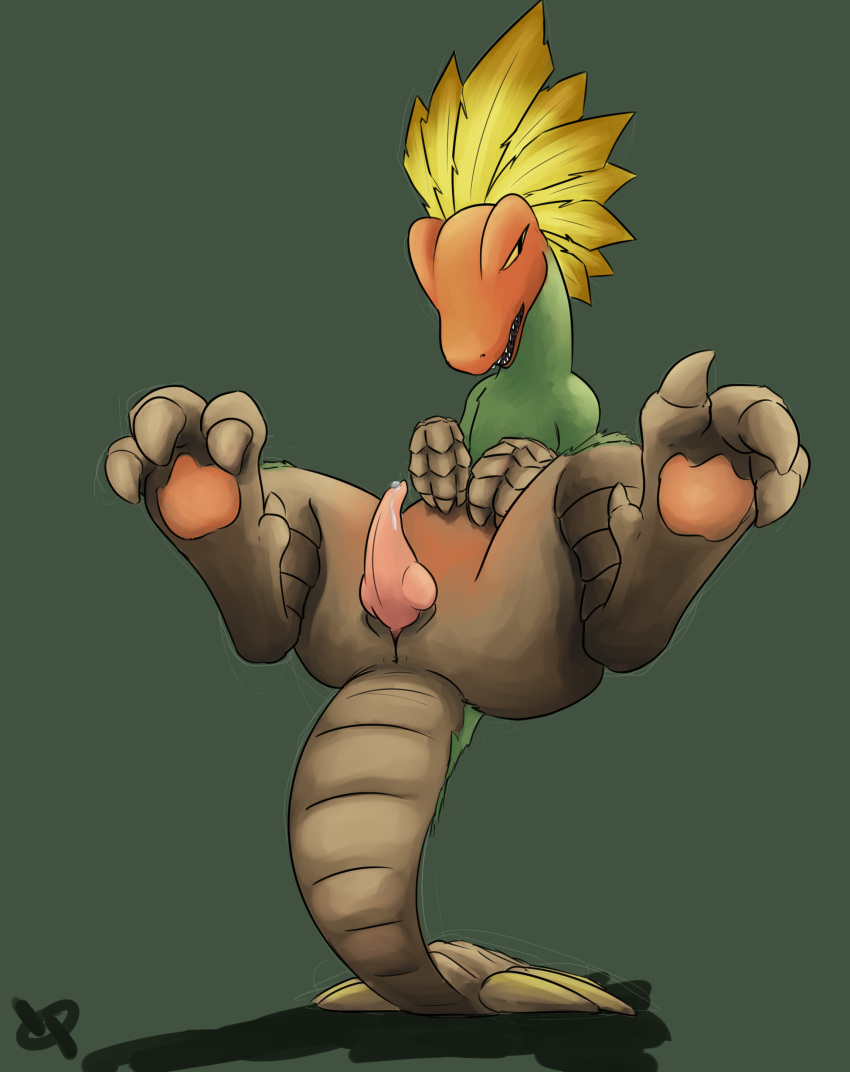 absurd_res animal_genitalia balancing_on_tail bird_wyvern capcom crest doublepopsicle erection feather_hair feathers feral front_view genital_slit hi_res knot long_neck looking_away maccao male monster_hunter open_mouth pawpads penis pseudo_hair sharp_teeth signature simple_background slit solo spread_legs spreading tapering_penis teeth toe_curl video_games