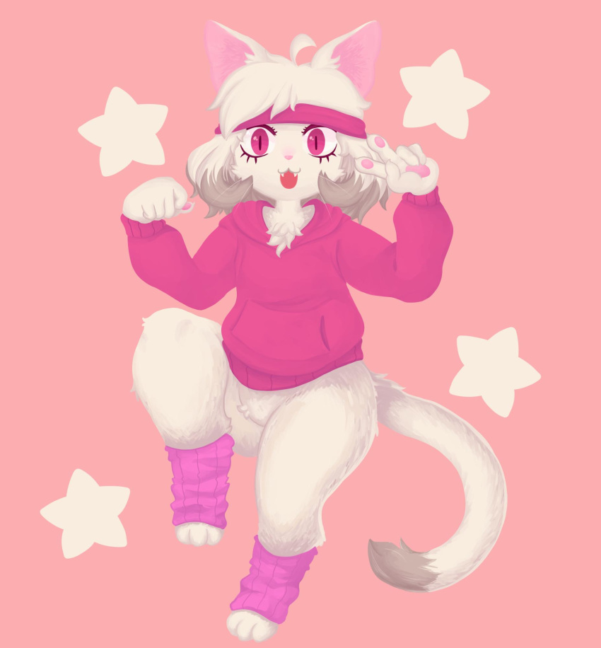 2019 3_toes 5_fingers ahoge anthro clothed clothing digital_media_(artwork) dipstick_tail eyelashes fangs felid feline female fingers fur gesture hair hi_res jacket leg_warmers legwear mammal multicolored_tail open_mouth pawpads pink_background pink_clothing pink_eyes pink_nose pink_pawpads robosylveon simple_background solo star sweatband toes topwear v_sign white_body white_fur white_hair