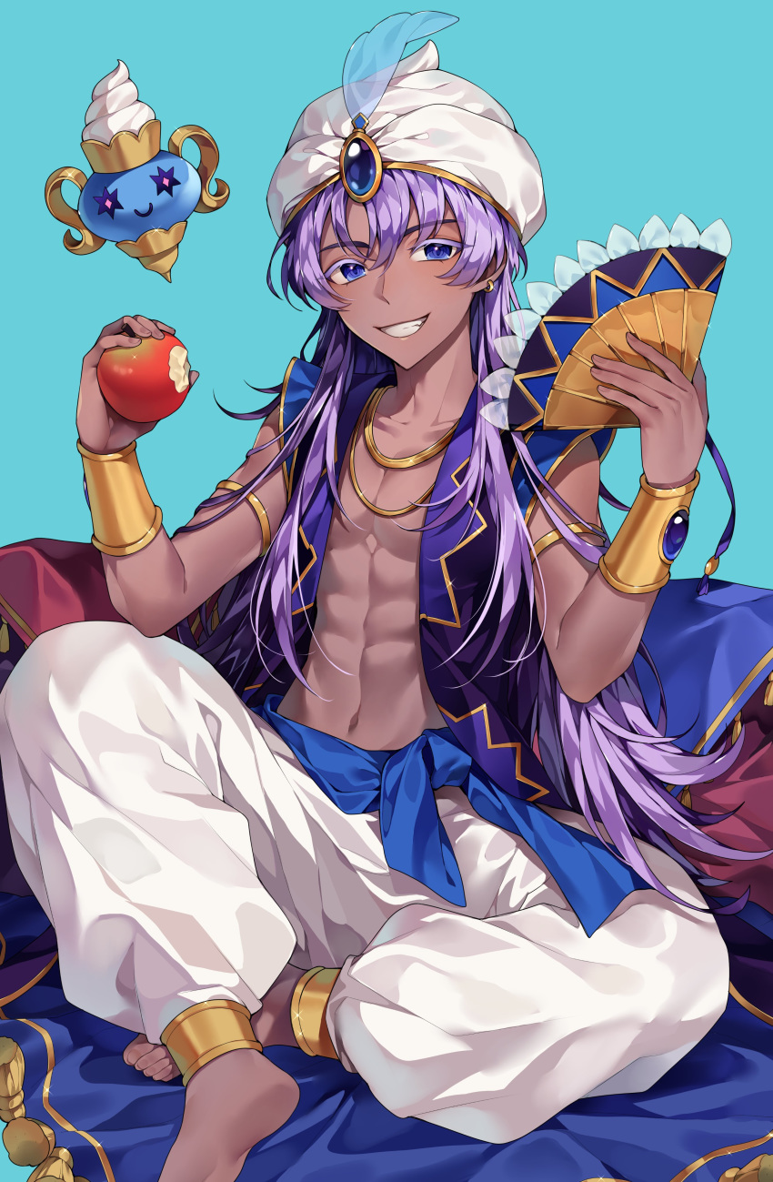 1boy abs absurdres apple arabian_clothes baggy_pants bangs bare_shoulders barefoot blue_background blue_eyes blue_sash bracelet collarbone copyright_request dark_skin earrings fan feathers food fruit full_body ha_youn hat highres holding holding_fan holding_food holding_fruit jewelry long_hair looking_at_viewer male_focus midriff muscle navel pants purple_hair rug sash simple_background sitting sleeveless smile solo turban white_headwear