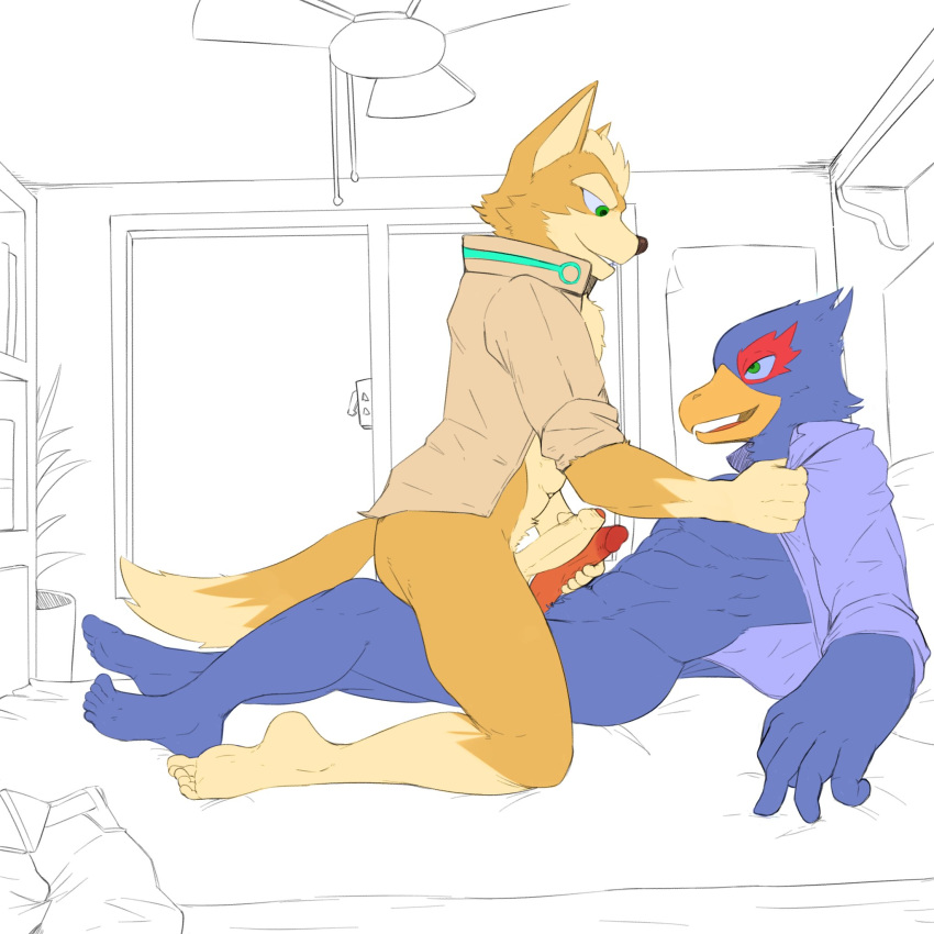 avian bottomless canid canine circumcised clothed clothing duo erection falco_lombardi feet fox fox_mccloud frottage humanoid_feet humanoid_penis jrjresq male male/male mammal nintendo penis sex star_fox uncut video_games