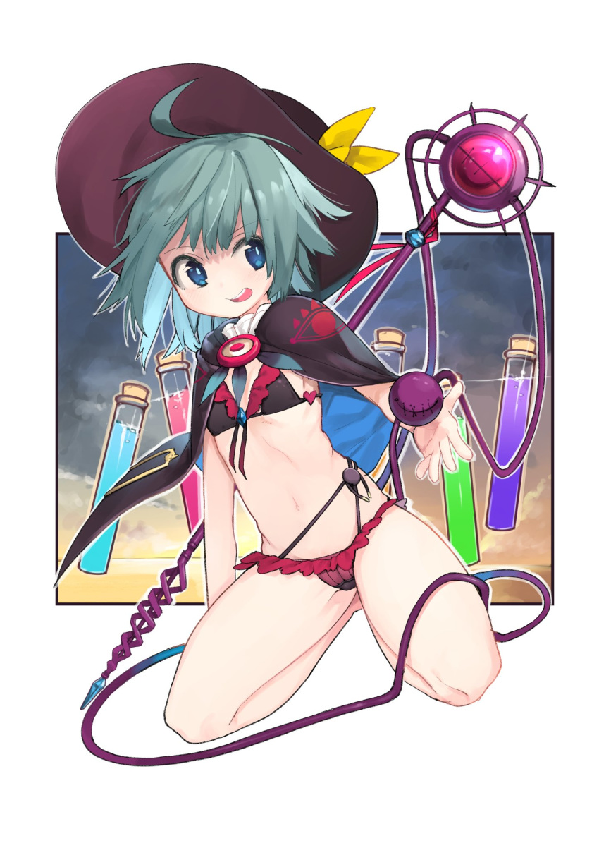 1girl ahoge aki_maki_yuu aqua_hair arm_support bare_legs bikini black_bikini blue_eyes blue_hair capelet eye_print flat_chest frilled_bikini frills full_body hat highres komeiji_koishi leaning_to_the_side looking_at_viewer medium_hair multicolored_hair navel open_mouth sitting smile solo staff stomach swimsuit third_eye touhou two-tone_hair vial white_background