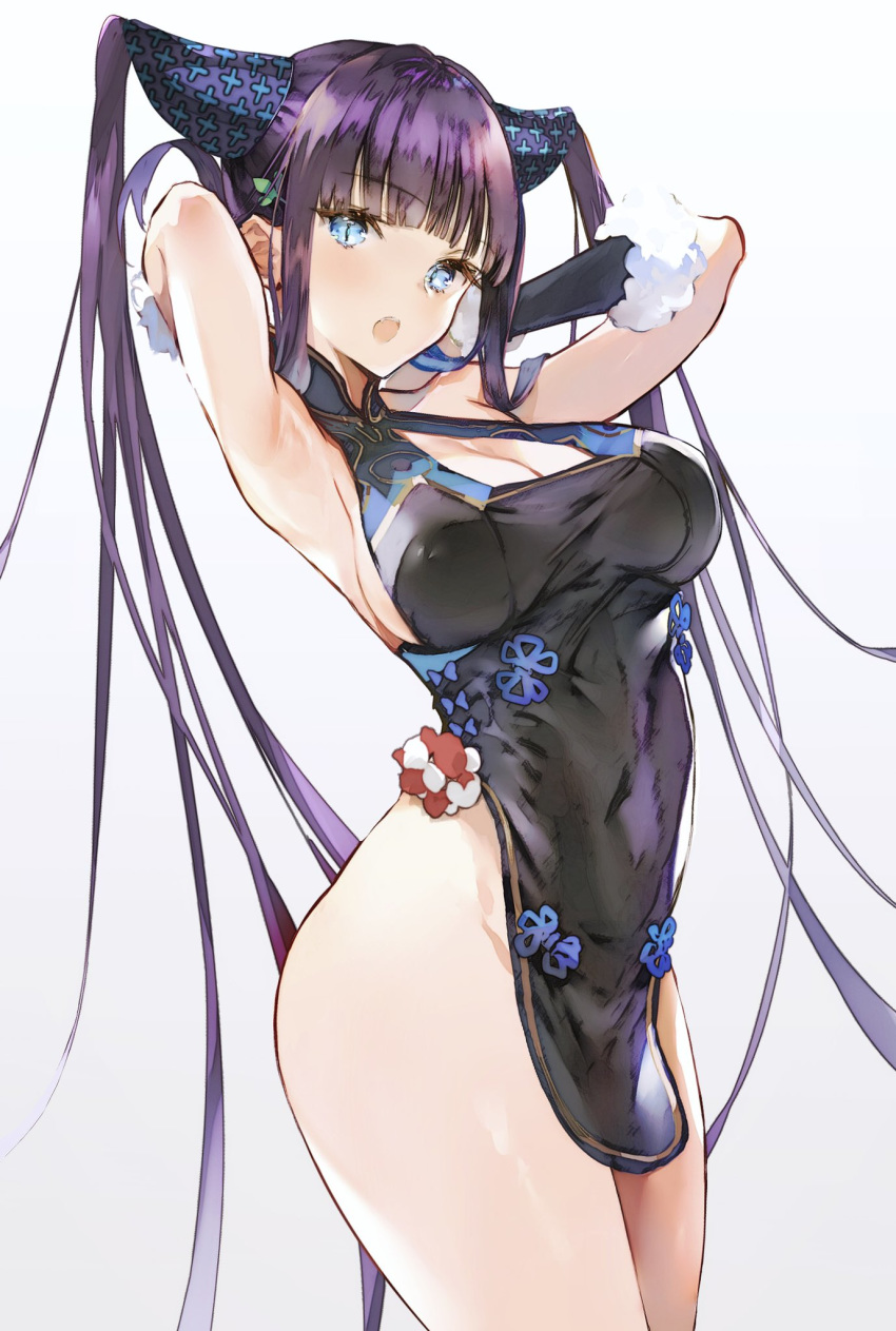1girl armpits arms_behind_head arms_up bangs blue_eyes breasts cleavage cleavage_cutout commentary_request dress fate/grand_order fate_(series) fur_trim hair_ornament highres hitaki_yuu large_breasts long_hair looking_at_another looking_at_viewer no_panties open_mouth pelvic_curtain purple_hair short_dress simple_background sleeveless solo thighs tied_hair white_background yang_guifei_(fate/grand_order)