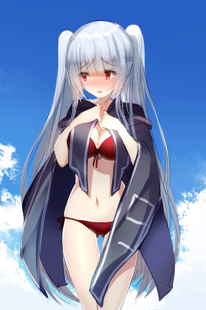 absurdres bikini bison_cangshu black_cloak breasts cloak embarrassed essex_(warship_girls_r) highres large_breasts long_hair red_bikini red_eyes silver_hair swimsuit twintails warship_girls_r