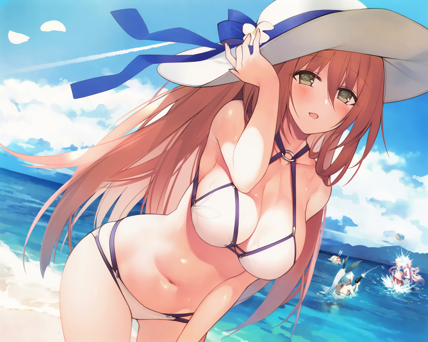 4girls absurdres alternate_costume bare_shoulders beach bikini blue_sky breasts brown_hair cleavage condensation_trail cowboy_shot day dutch_angle five-seven_(girls_frontline) girls_frontline green_eyes hair_between_eyes halterneck hand_on_headwear hat hat_ribbon highres large_breasts long_hair m1903_springfield_(girls_frontline) m1_garand_(girls_frontline) multi-strapped_bikini multiple_girls navel ntw-20_(girls_frontline) o-ring o-ring_bikini o-ring_top official_art open_mouth petals ribbon scan sky solo_focus suisai sun_hat swimsuit white_swimsuit