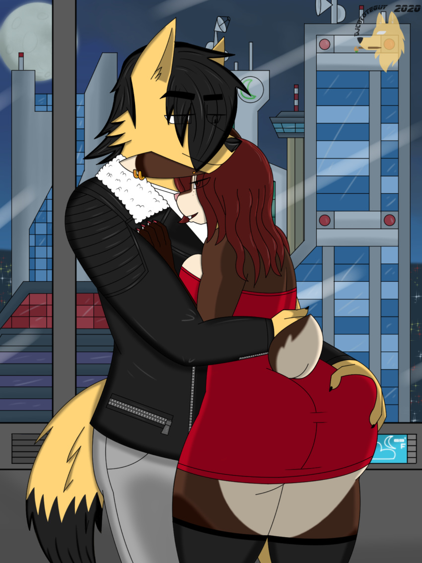 anthro black_hair breasts brown_body brown_fur butt butt_grab canid canine canis city clothed clothing coyote cuddling djcoyoteguy duo female fur grope hair hand_on_butt hug lagomorph leporid male male/female mammal piercing rabbit red_hair yellow_body yellow_fur