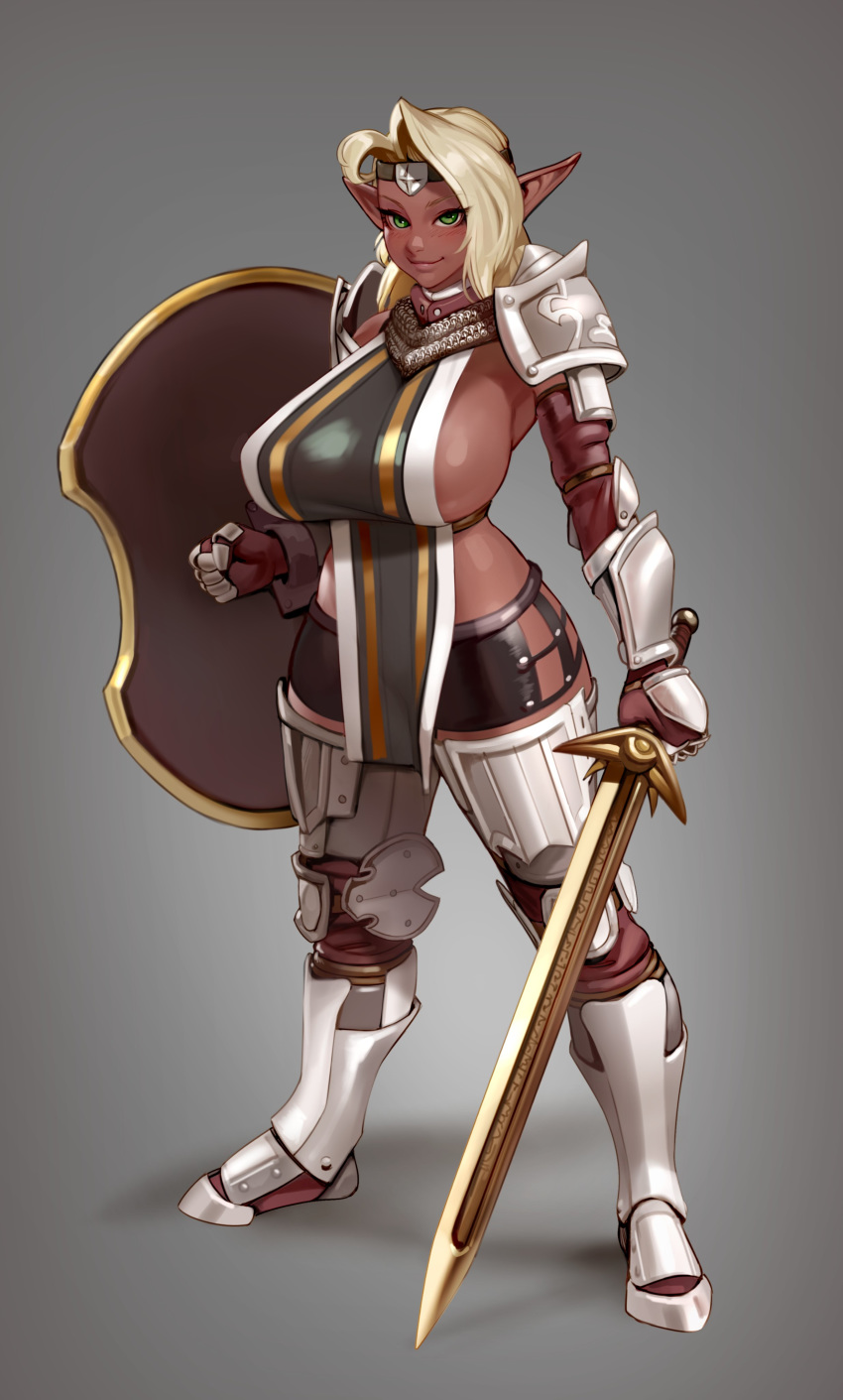 1girl absurdres armored_boots blonde_hair blush boots breasts chainmail commentary dark_elf dark_skin detached_sleeves elf english_commentary fantasy faulds forehead_protector full_body gauntlets gorget greaves green_eyes grey_background headband highres hip_vent holding holding_shield holding_sword holding_weapon kairuhentai knee_pads large_breasts left-handed lips looking_at_viewer medium_hair miniskirt no_bra original pauldrons pelvic_curtain pointy_ears runes shield skirt smile solo standing sword tabard thighhighs weapon